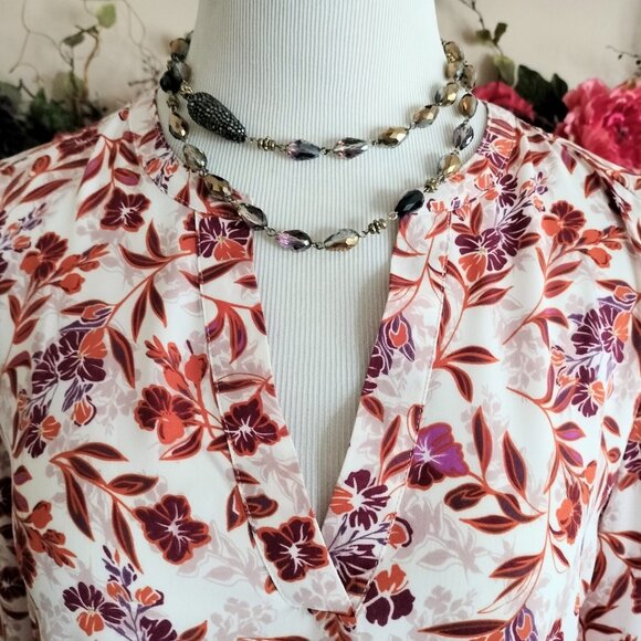 Adrianna Papell Floral Blouse Top M Multicolor V-Neck Long Sleeve Slipover - Picture 4 of 8